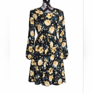 Torrid Size 0 Large Black Yellow Floral Long Sleeve Dress Elastic Waist With Tie